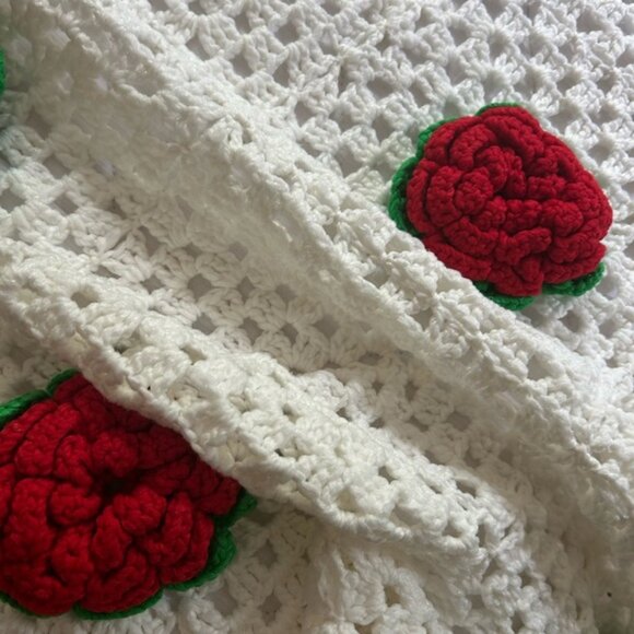 Vintage Boho Crochet Blanket with Red and Green Floral Rose Accents 104 inchX93 - Picture 6 of 16